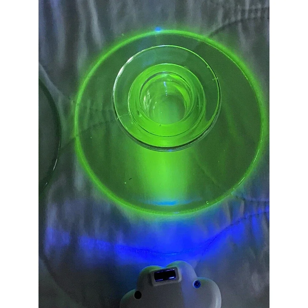 Green Depression Uranium Vaseline Glass Glow Glass 2 Candleholders